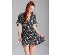 Hell Bunny Women's Love Print Viscose Mini Dress with Red Button Detail & Puff Sleeves in Black | Size: Small hell bunny Black S