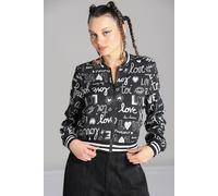 Hell Bunny Women's Love Yourself Varsity Cropped Jacket with Love Print Stripe Rib Trim in Black | Size: XS hell bunny Black XS