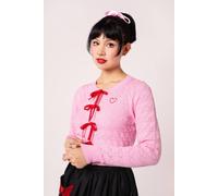 Hell Bunny Women's Lucie Red & White Heart Jacquard Knit Cardigan Tie Bow Detail in Pink | Size: 6XL hell bunny Pink 6XL
