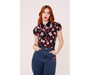 Hell Bunny Women's Not Into You Playfully Printed Red Hearts Blouse in Black | Size: Large hell bunny Black L