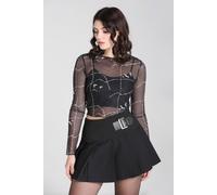 Hell Bunny Women's Stitches Bat Print Stretch Mesh Crop Top With Lettuce Hem Detail in Black | Size: Medium hell bunny Black M