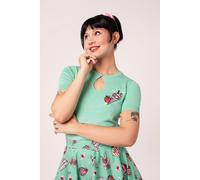 Hell Bunny Women's Sugar Rush Fitted Knit Top with Strawberry & Ice Cream Embroidery in Green | Size: Large hell bunny Green L