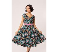 Hell Bunny Women's Umi 50's Style V Neckline Floral Midi Dress in Black | Size: Medium hell bunny Black M