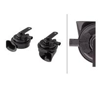 HELLA Trumpet Horn - OE-CONNECT HORN TE26 SET - 12V - 110dB(A) - Frequency range from: 400Hz - Frequency range to: 500Hz - High Tone/Low Tone - Electric - Quantity: 2 - 3FH 012 010-051
