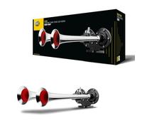 HELLA 3PB 013 410-051 Trumpet Horn CA32 - 12V - 115dB(A) - 370Hz-415Hz - Low Tone/High Tone - Electric-pneumatic - ECE - Housing Colour: Chrome/Black - Plug: Blade Terminal - Quantity: 1