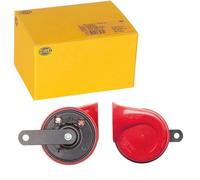 HELLA Trumpet Horn - STYLE HORN TE24 - 12V - 110dB(A) - Frequency Range: 400Hz - High Tone - Electric - Housing Colour: Red/Black - Flat Plug-in Connector - Quantity: 1 - 3FG 007 424-001