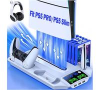 HELLCOOL PS5 Slim Stand with Turbo Cooling Fan for PS5 Pro/Slim - Disc, Digital & Console - Controller Charger, 13 Game Card Case, Headset Holder, 3 USB Hubs