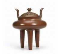 Hellery Copper Tripod Censer Vessel With Pierced Lid And Side Handles Solid Copper Antique Finish Compact Design Suitable for meditation home decoration office desks 10.5cm