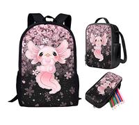 HELLHERO 3 IN 1 Cute Axolotl Backpack Cherry Blossom School Bag Set for Kids Girls Children Schoolbag Primary Preschool Secondary School Backpack Kindergarten Bookbag