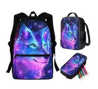 HELLHERO 3 IN 1 Galaxy Wolf Backpack for Kids Bookbag Girls School Bag Set Boys Schoolbag with Lunch Box Pencil Purse for Elementary Kindergarten Secondary Travel Rucksack Hiking Camping