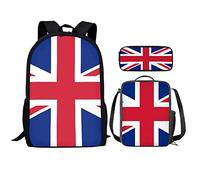 HELLHERO 3 Pcs/set Kids School Bag Set British Flag Backpack Union Jack Schoolbag Student Bookbag with Lunch Bags Pencilcase for Girls Boys Preschool Elementary Hiking Camping Rucksack