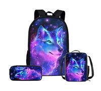 HELLHERO 3pcs/set Galaxy Wolf Backpack School Bag Boys Secondary School Girls Schoolbag for Kids Bookbag with Lunch Box Pencil Purse Hiking Camping Travel Picnic Laptop Backpacks Rucksacks