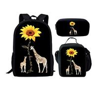 HELLHERO 3pcs/set Sunflower Giraffe School Backpack Set with Lunch Bag and Pencil Case for Kids Teen Girls Boys Bookbag Daypack Travel Daypack Hiking Camping Rucksack