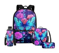 HELLHERO Butterfly Backpack for Girls School Bag Set with Lunch Box Pencil Purse Water Bottle Sleeve 6-8 8-12 Kids School Backpacks Middle School Bookbag Elementary Preschool Schoolbag