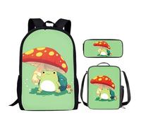 HELLHERO Cute Mushroom Frog Backpack for Girls School Bag Set for Kids Girls 4-6 8-10 10-12 Schoolbag Sets with Lunch Bags Pencil Case for Teen Schoolbag Kindergarten Children Elementary Bookbag