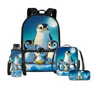 HELLHERO Penguin Backpack for Girls School Bag Set with Lunch Box Boys Bookbag Pencil Case 4 IN 1 Kids School Backpacks Elementary Primary Middle School Water Bottle Sleeve Travel