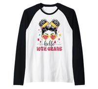 Hello 10th Grade Messy Bun First Day Of School Girl Teacher Raglan Baseball Tee