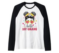 Hello 1st Grade Messy Bun First Day Of School Girl Teacher Raglan Baseball Tee
