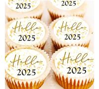 Hello 2025 Cupcake Toppers - PRE-CUT - Gold Black New Year's Eve Party Cake Decorations - Edible Wafer - 4cm x 24