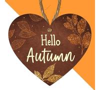 Hello Autumn" Brown Hanging Heart Plaque - Rustic Autumn Leaves Design Seasonal Sign for Fall Home Décor - Perfect Decorative Accent for Living Room, Kitchen, or Gift (Medium: 15 cm (H) × 13 cm (W))
