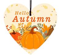Hello Autumn Decorations Wooden Heart Hanging Signs Plaque Printed Leaves and Pumpkin Signs Gifts Wooden Cards for Thanksgiving Day Decorations Gifts Accessories