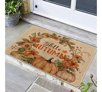 Hello Autumn Doormat, Orange Floral Pumpkin Door Mat for Outdoor & Indoor Entrance Fall Decor, Waterproof Non-Slip Dust Absorbent Front Doormat, Easy Clean 29x17 Inch