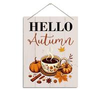 Hello Autumn Fall Decoration - Rustic Hanging Wood Plaque Sign, Pumpkin Spice, Seasonal Wall Decor, Cozy Home Decor for Kitchen and Front Door