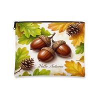 Hello Autumn Makeup Bag, Rustic Acorn and Leaf Cosmetic Travel Pouch for Women, Portable Canvas Zipper Organizer, Fall Toiletry Bag, Brown, 7x9 Inch, Acorns