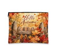 Hello Autumn Makeup Bag, Rustic Fall Leaves Cosmetic Travel Pouch for Women, Portable Canvas Zipper Organizer, Seasonal Skincare Toiletry Bag, Autumn, 7x9 Inch, Leaves