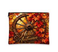 Hello Autumn Makeup Bag, Rustic Vintage Leaf Print Cosmetic Pouch for Women, Portable Canvas Zipper Organizer, Fall Travel Toiletry Bag, Orange, 7x9 Inch, Autumn