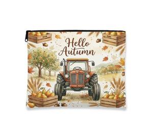 Hello Autumn Makeup Bag, Rustic Vintage Tractor Cosmetic Pouch for Women, Portable Canvas Zipper Organizer, Fall Travel Toiletry Bag, Orange, 7x9 Inch, Tractor