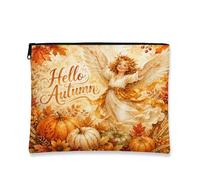 Hello Autumn Makeup Bag, Vintage Floral Cosmetic Pouch for Women, Portable Canvas Zipper Organizer, Fall Travel Toiletry Bag, Orange, 7x9 Inch, Autumn