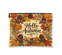 Hello Autumn Makeup Bag, Vintage Rustic Pinecones Cosmetic Travel Pouch for Women, Portable Canvas Zipper Organizer, Fall Skincare Toiletry Bag, Orange, 7x9 Inch, Autumn