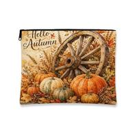 Hello Autumn Makeup Bag, Vintage Rustic Pumpkin Cosmetic Travel Pouch for Women, Portable Canvas Zipper Organizer, Fall Seasonal Toiletry Bag, Orange, 7x9 Inch, Makeup