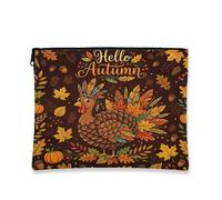 Hello Autumn Makeup Bag, Vintage Turkey Cosmetic Pouch for Women, Portable Canvas Zipper Organizer, Fall Skincare Toiletry Bag, Brown, 7x9 Inch, Turkey