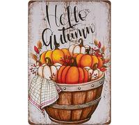 Hello Autumn Retro Tin Signs, Vintage Shabby Style Farm Pumpkin Metal Sign Iron Painting for Indoor & Outdoor Home Bar Coffee Kitchen Wall Decor 8 x12 Inch