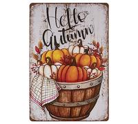 Hello Autumn Retro Tin Signs, Vintage Shabby Style Farm Pumpkin Metal Sign Iron Painting for Indoor & Outdoor Home Bar Coffee Kitchen Wall Decor 8 x12 INCH