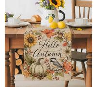 Hello Autumn Text on Retro Linen Table Runner 72 Inches Long,Table Runners Kitchen Dining Tables Decoration for Home Party Decor, Farm Pumpkin Birds Tables Runner Wedding Dresser Scarf