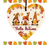 Hello AutumnWooden Heart Hanging Plaque,Hello Autumn Wooden Heart Sign,Autumn Gifts Autumn House Decor,Printed Autumn Maple Leaves,Gnomes Wooden Cards for Thanksgiving and Autumn Decor Accessories