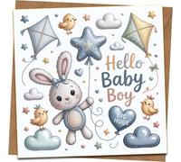 Hello Baby Boy New Baby Card - Cute Bunny, Balloons & Kites - 145mm Square Greeting Card with Kraft Envelope - Big Hugs Message - Baby Shower, Newborn, Son, Grandson