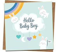 Hello Baby Boy New Baby Card - Cute Bunny Cloud Rainbow Design, Square Greeting Card for Newborn or Baby Shower, 145mm x 145mm, Includes Kraft Envelope