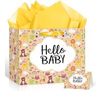 Hello Baby Gift Bag Baby Shower Woodland Animals Gift Bags Large with Wrapping Paper and Greeting Card Cute Bear Deer Forest Animal Brown Baby Gift Bag for Newborn Baby Boy Girl Gender Reveal