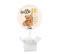Hello Baby Teddy Bear Round Foil Helium Balloon - Inflated Balloon in a Box