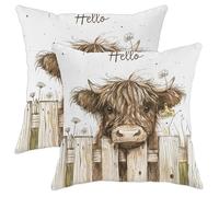 Hello Cow Pillow Covers Set of 2, Beige Cute Highland Cattle Decorative Farmhouse Cushion Covers for Home Sofa Bed Couch, Spring Outdoor Throw Pillow Case, 18x18 Inch