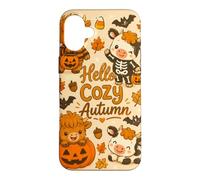 Hello Cozy Autumn Cute Cow Pumpkin Bat Skeleton Halloween Case for iPhone 16 Plus