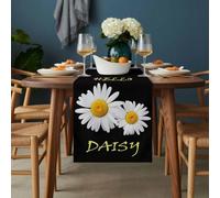 Hello Daisy Floral Table Runner 18x72 inch White Flowers Black Background Cotton Linen Dining Table Runner Ideal for Dresser Kitchen Coffee Tables - Machine Washable