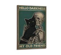 HELLO DARKNESS MY OLD FRIEND BLACK CAT AND SKELETON Poster Vintage Aesthetic Canvas Painting Wall Art For Living Room 24x36inch(60x90cm) Frame-style