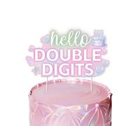 Hello Double Digits Cake Topper, 10th Birthday Decorations for Girl, Pink Purple Neon Glow Heart Cake Decor for Girls 10th Birthday Double Digits Era Party Supplies