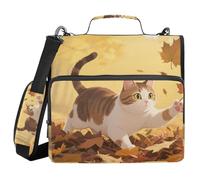 Hello Fall Autumn Cat Maple 1.5 Inch 3 Rings Binder Organizer with Shoulder Strap & Handle Multi-Pocket Portable Home Travel Safe Storage Bag for School
