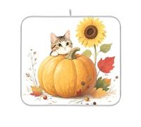 Hello Fall Autumn Cat Pumpkin Sunflower Dish Drying mat Reusable Rectangle Small Dish Drainer pad 16x18 Easy Clean Decorative Home Decor Essentials